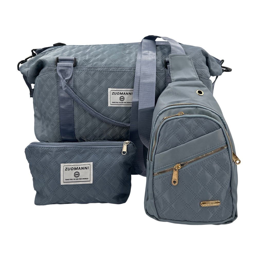 Zuomanni 3pc Quilted Travel Set Duffel Sling Bag Pouch Blue Shoe‎ Compartment